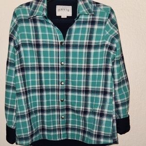 Orvis Teal and Black Plaid Snap Closure Jacket Pockets Sz S
